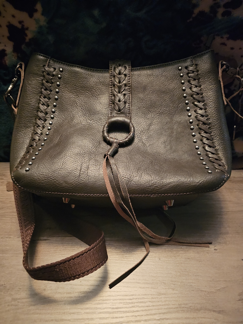 Braided Accent Brown Leather Crossbody Bag with Ring Tassel